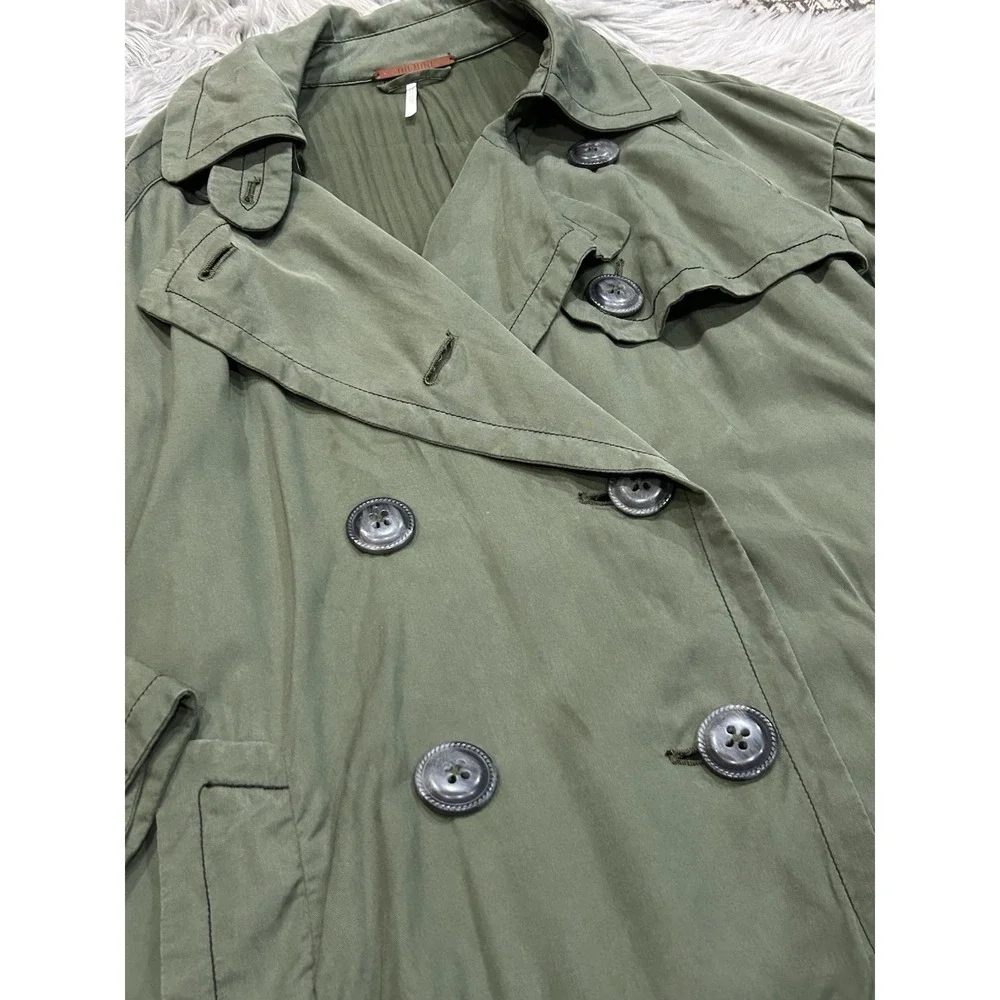 Free People Trench Coat Balloon Sleeve Double Breasted Belted Army Green Size S*